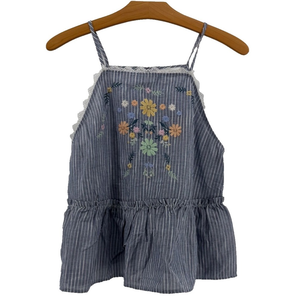 Blu Pepper Cotton Embroidered Peplum Tank Top Women's M Striped Cottagecore